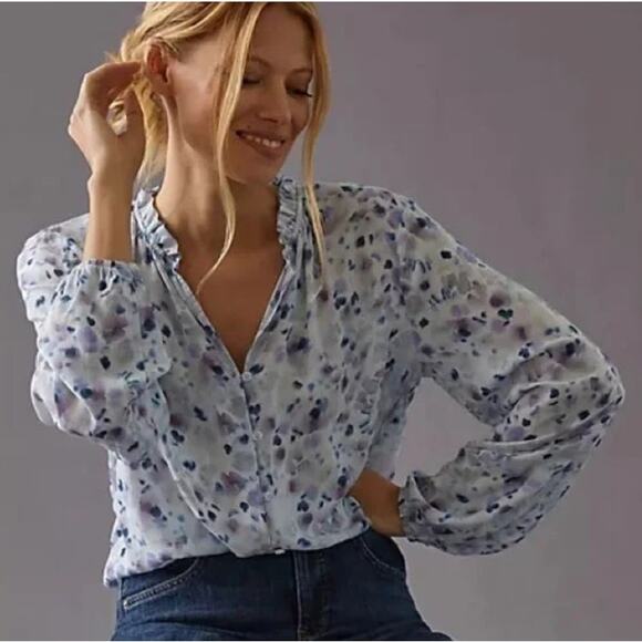 ANTHROPOLOGIE CLOTH & STONE XS BLOUSE SHIRT RUFFLED BUTTON UP FLORAL ABSTRACT - Picture 1 of 14